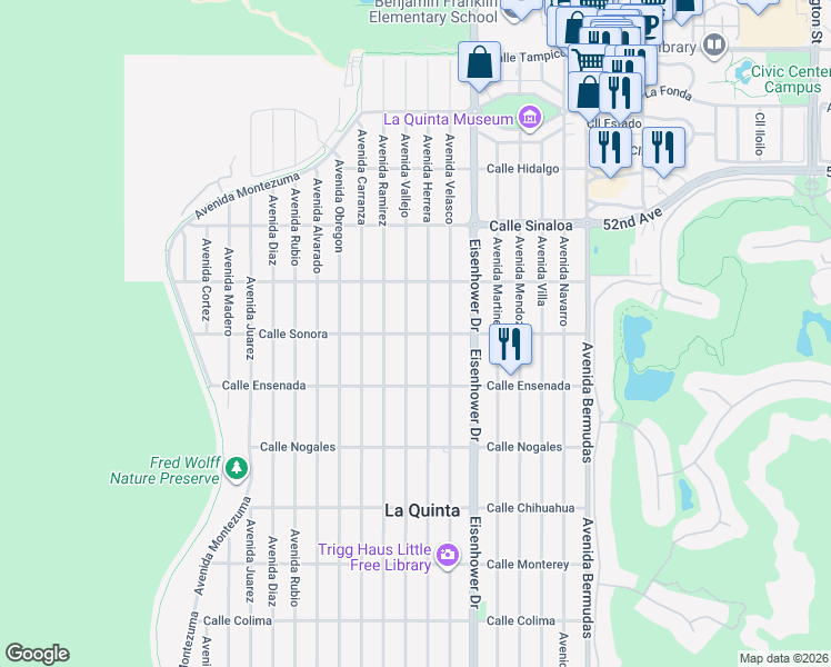 map of restaurants, bars, coffee shops, grocery stores, and more near 77620 Calle Sonora in La Quinta