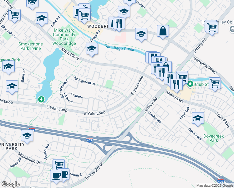 map of restaurants, bars, coffee shops, grocery stores, and more near 527 Springbrook North in Irvine