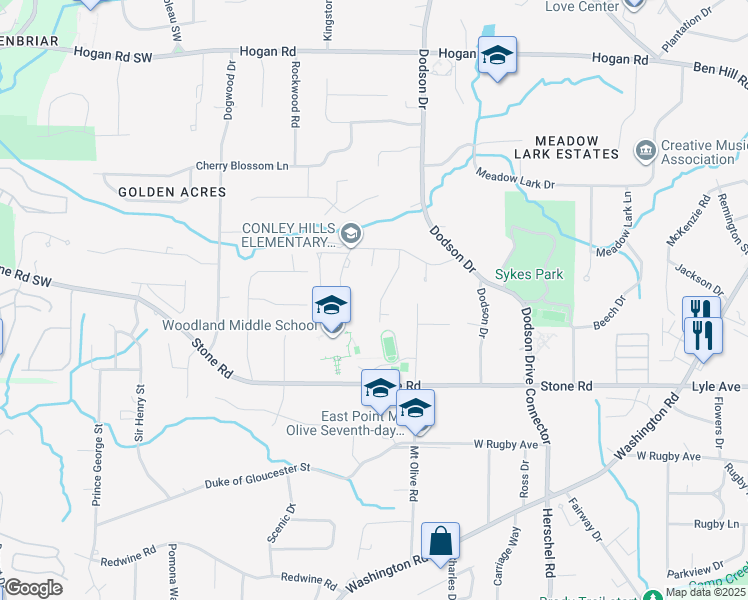 map of restaurants, bars, coffee shops, grocery stores, and more near 3187 Flamingo Drive in East Point
