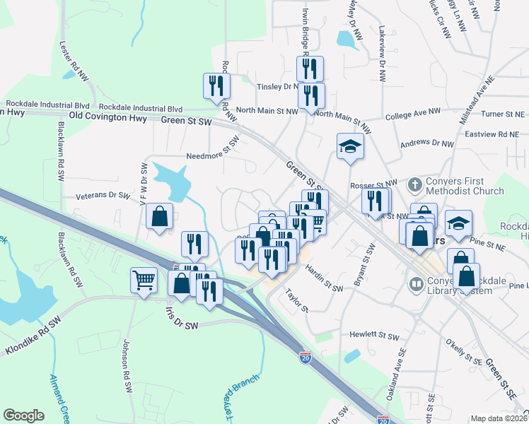 map of restaurants, bars, coffee shops, grocery stores, and more near 2004 Appaloosa Way in Conyers