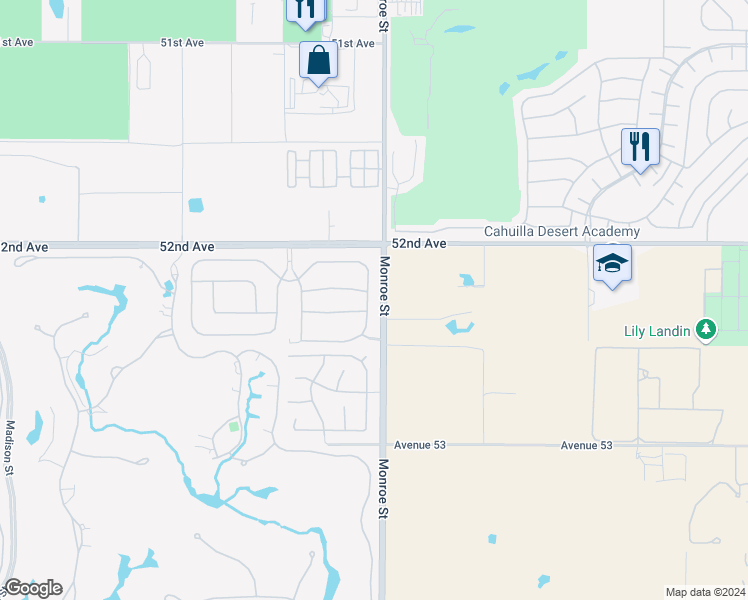 map of restaurants, bars, coffee shops, grocery stores, and more near 52270 Day Star Drive in La Quinta