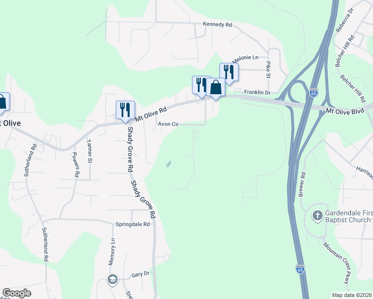map of restaurants, bars, coffee shops, grocery stores, and more near 2250 Dusty Lane in Mount Olive