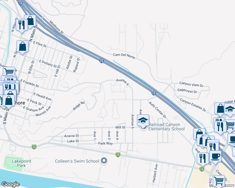 map of restaurants, bars, coffee shops, grocery stores, and more near 946 Helena Ridge in Lake Elsinore