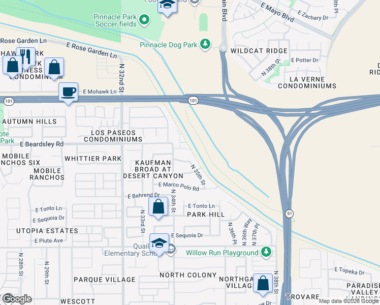 map of restaurants, bars, coffee shops, grocery stores, and more near 3431 East Menadota Drive in Phoenix
