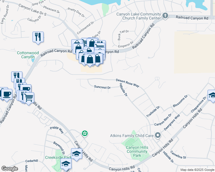 map of restaurants, bars, coffee shops, grocery stores, and more near 35488 Suncrest Drive in Lake Elsinore