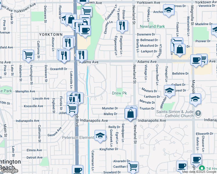 map of restaurants, bars, coffee shops, grocery stores, and more near 20201 South New Britain Lane in Huntington Beach