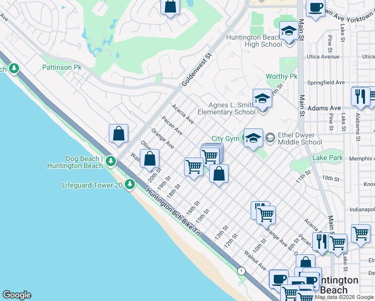 map of restaurants, bars, coffee shops, grocery stores, and more near 411 19th Street in Huntington Beach