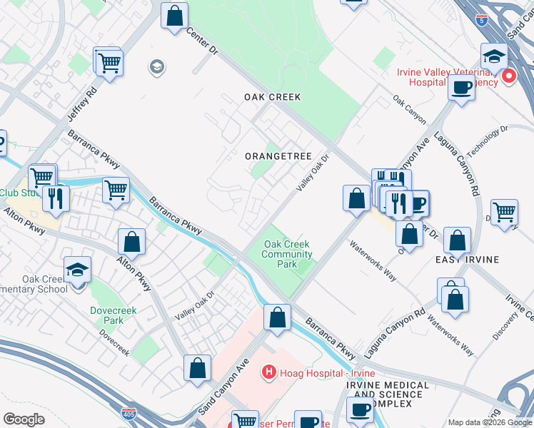 map of restaurants, bars, coffee shops, grocery stores, and more near 26 Orchard in Irvine