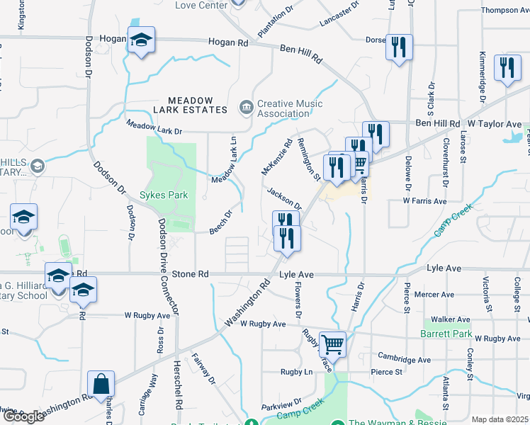 map of restaurants, bars, coffee shops, grocery stores, and more near 3140 McKenzie Road in Atlanta