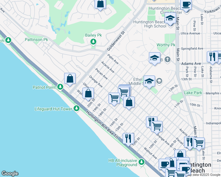 map of restaurants, bars, coffee shops, grocery stores, and more near 411 19th Street in Huntington Beach