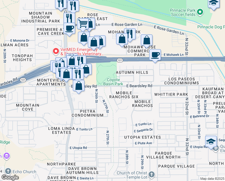 map of restaurants, bars, coffee shops, grocery stores, and more near 20035 North 27th Place in Phoenix
