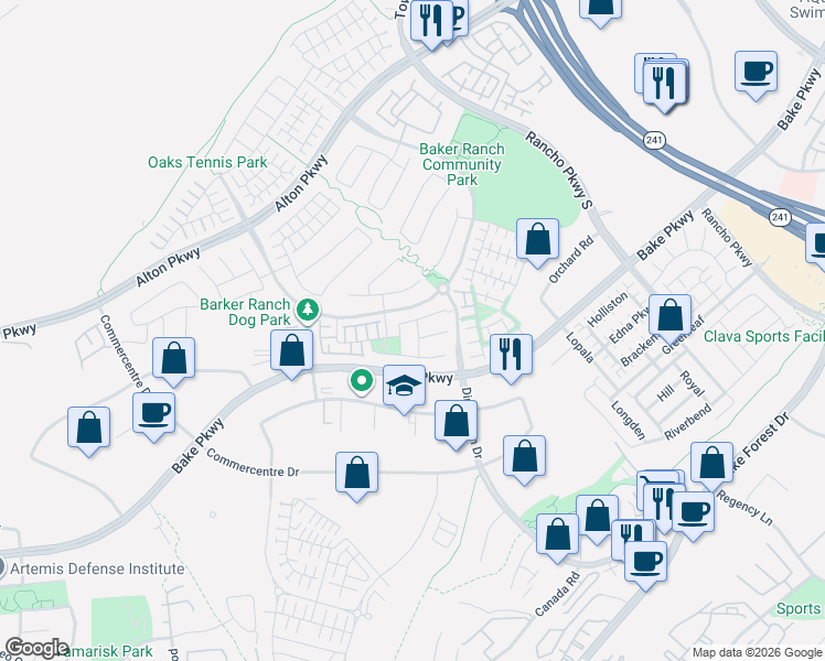 map of restaurants, bars, coffee shops, grocery stores, and more near 12 Gardenia in Lake Forest