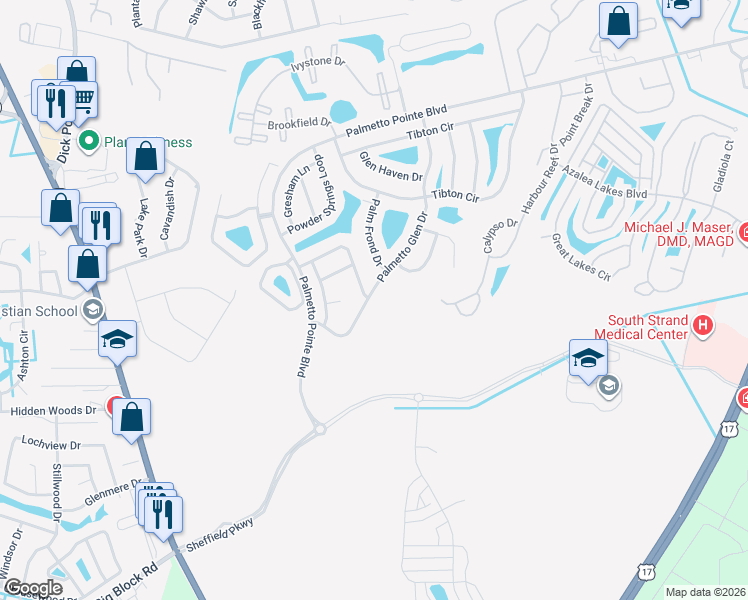 map of restaurants, bars, coffee shops, grocery stores, and more near 293 Palmetto Glen Drive in Myrtle Beach