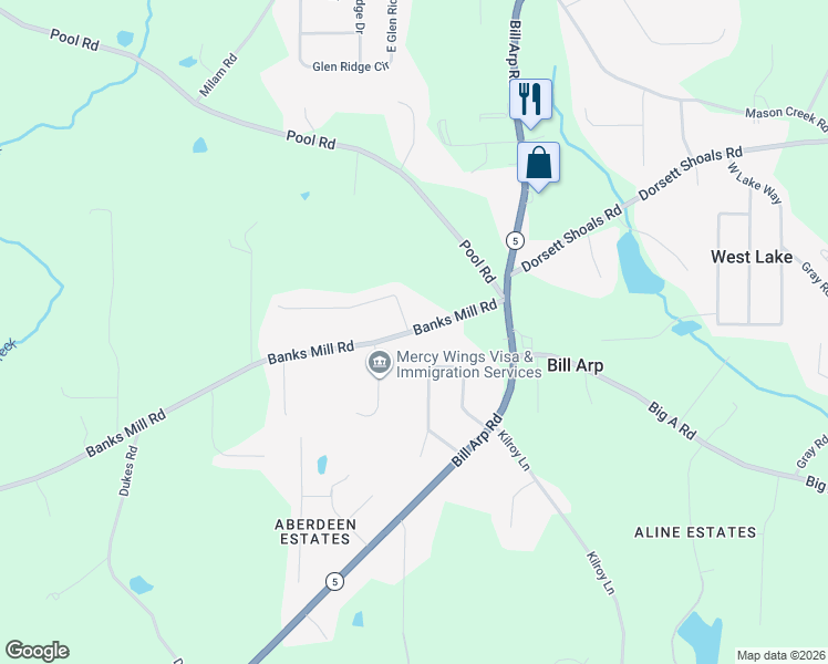 map of restaurants, bars, coffee shops, grocery stores, and more near 7257 Banks Mill Rd in Douglasville