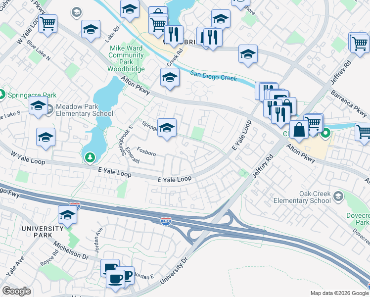 map of restaurants, bars, coffee shops, grocery stores, and more near 438 Fallingstar in Irvine