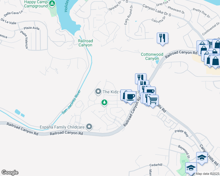 map of restaurants, bars, coffee shops, grocery stores, and more near 24454 Parker Drive in Lake Elsinore