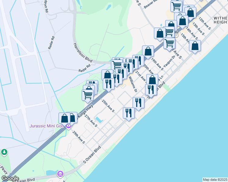 map of restaurants, bars, coffee shops, grocery stores, and more near 2311 South Kings Highway in Myrtle Beach