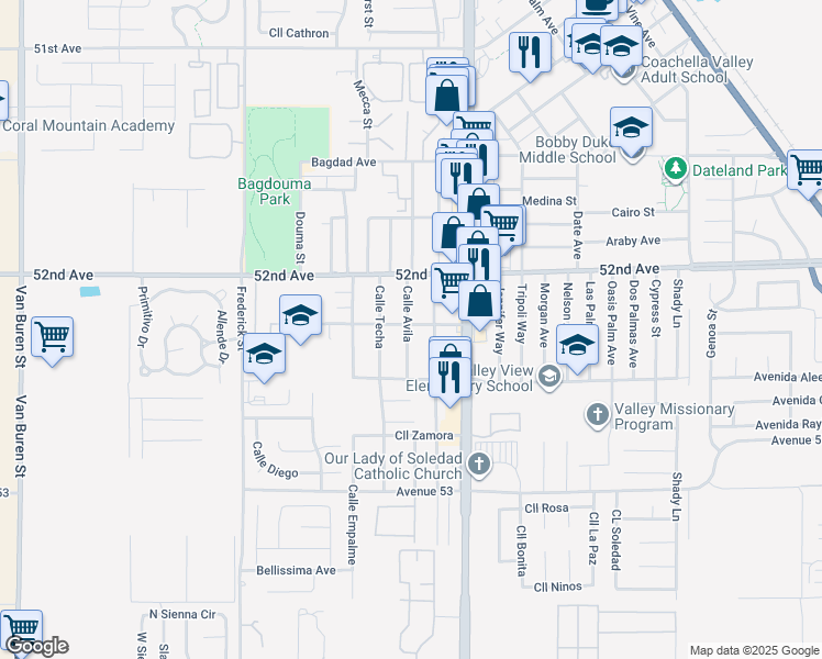 map of restaurants, bars, coffee shops, grocery stores, and more near 316 Calle Avila in Coachella
