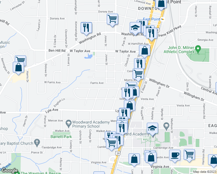 map of restaurants, bars, coffee shops, grocery stores, and more near 1827 Dunlap Avenue in East Point