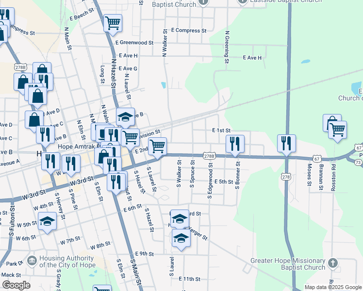 map of restaurants, bars, coffee shops, grocery stores, and more near 611 East 2nd Street in Hope