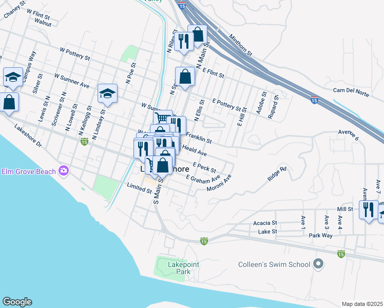 map of restaurants, bars, coffee shops, grocery stores, and more near 218 East Heald Avenue in Lake Elsinore