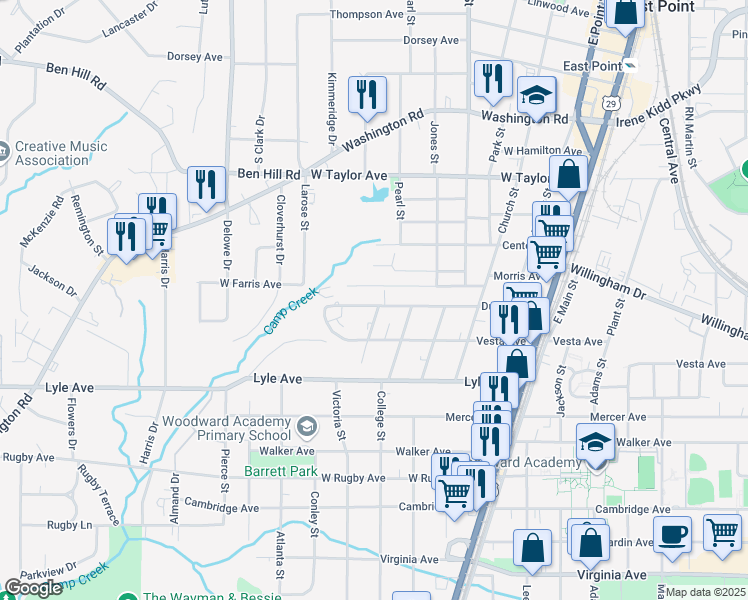 map of restaurants, bars, coffee shops, grocery stores, and more near 1919 Dunlap Avenue in East Point