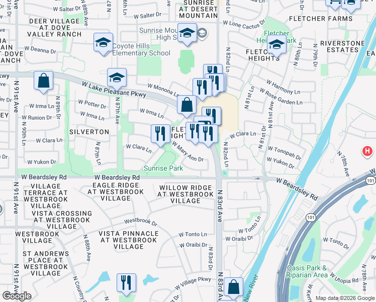 map of restaurants, bars, coffee shops, grocery stores, and more near 8410 West Mary Ann Drive in Peoria