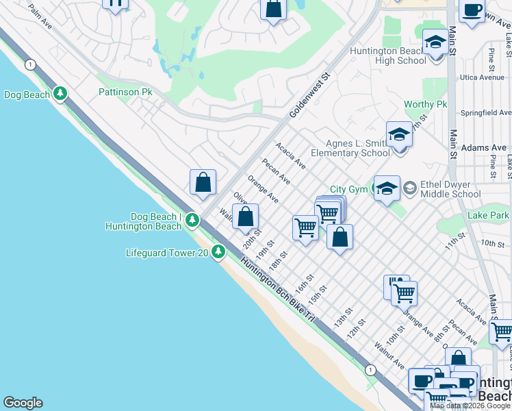 map of restaurants, bars, coffee shops, grocery stores, and more near 305 21st Street in Huntington Beach