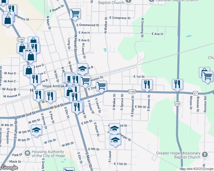 map of restaurants, bars, coffee shops, grocery stores, and more near 509 East 2nd Street in Hope
