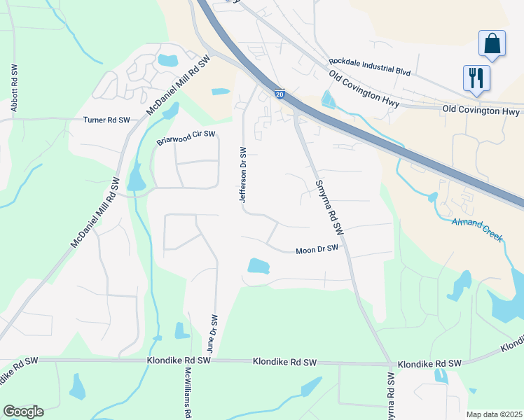 map of restaurants, bars, coffee shops, grocery stores, and more near 786 Jefferson Drive Southwest in Conyers