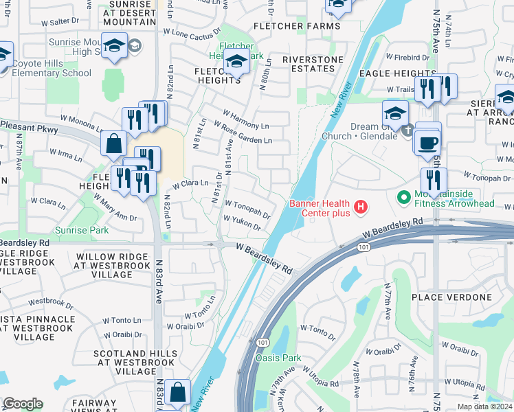 map of restaurants, bars, coffee shops, grocery stores, and more near 8010 West Tonopah Drive in Peoria