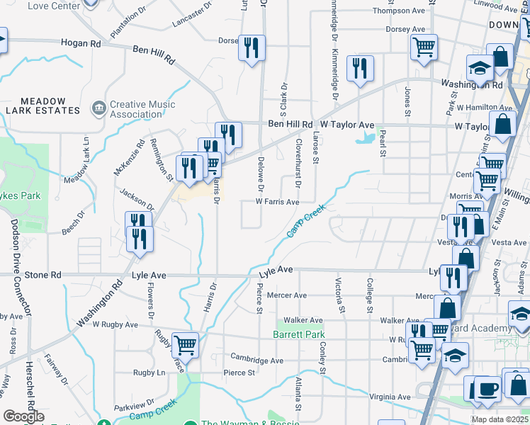 map of restaurants, bars, coffee shops, grocery stores, and more near 3176 Delowe Drive in East Point