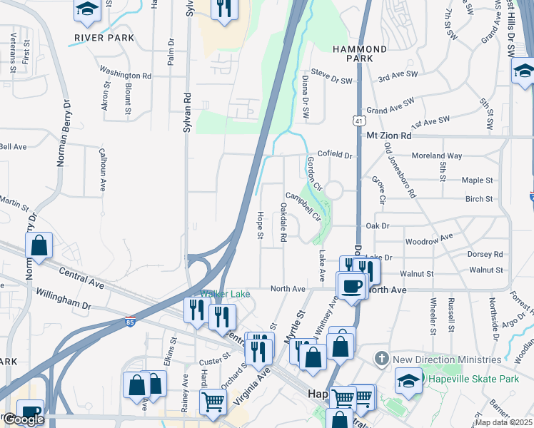 map of restaurants, bars, coffee shops, grocery stores, and more near 3060 Hope Street in Hapeville