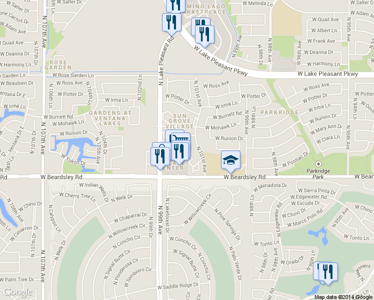 map of restaurants, bars, coffee shops, grocery stores, and more near 20554 N Lake Pleasant Rd in Peoria