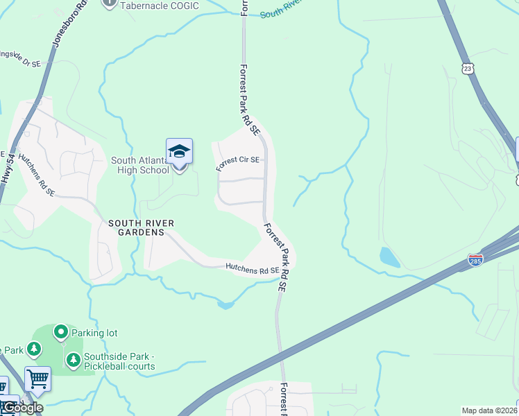 map of restaurants, bars, coffee shops, grocery stores, and more near 3117 Forrest Park Road Southeast in Atlanta