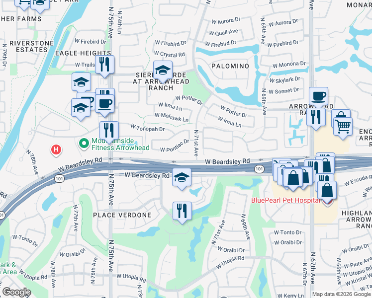 map of restaurants, bars, coffee shops, grocery stores, and more near 20211 North 71st Lane in Glendale