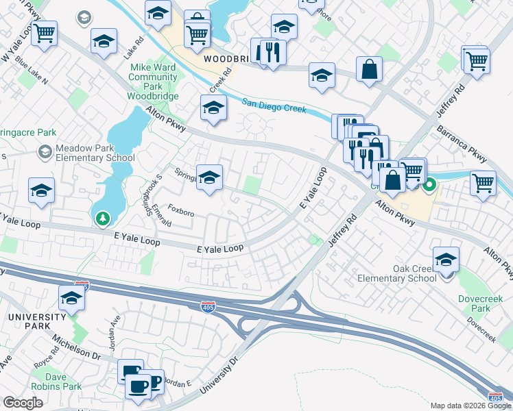 map of restaurants, bars, coffee shops, grocery stores, and more near 527 Springbrook North in Irvine