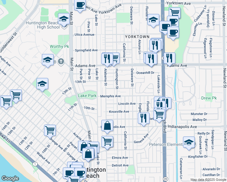 map of restaurants, bars, coffee shops, grocery stores, and more near 212 Nashville Avenue in Huntington Beach