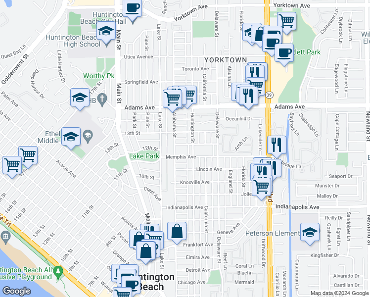 map of restaurants, bars, coffee shops, grocery stores, and more near 212 Nashville Avenue in Huntington Beach