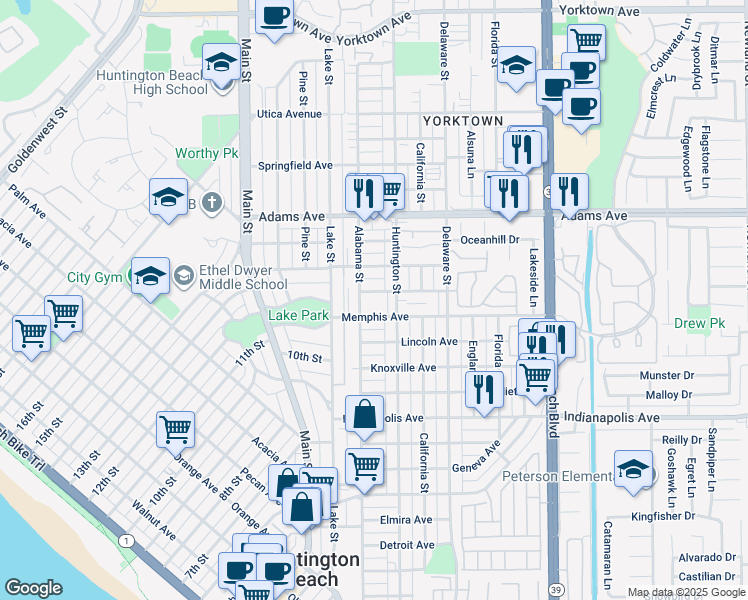 map of restaurants, bars, coffee shops, grocery stores, and more near 212 Nashville Avenue in Huntington Beach