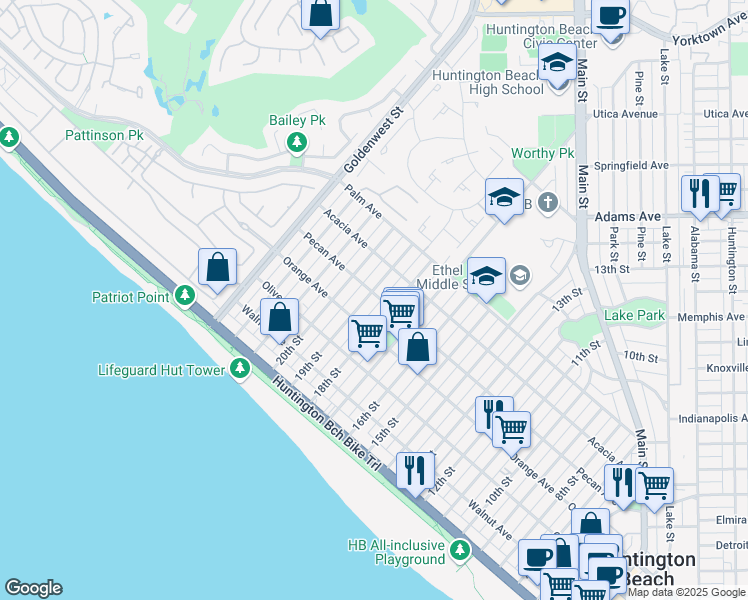 map of restaurants, bars, coffee shops, grocery stores, and more near in Huntington Beach