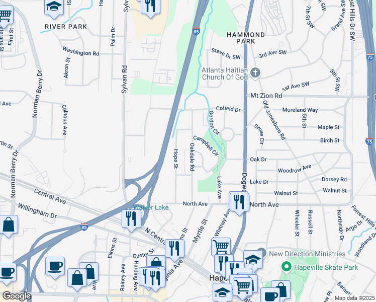 map of restaurants, bars, coffee shops, grocery stores, and more near 3157 Oakdale Road in Atlanta