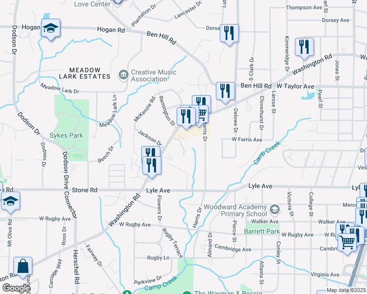 map of restaurants, bars, coffee shops, grocery stores, and more near 3128 Chateau Boulevard in East Point