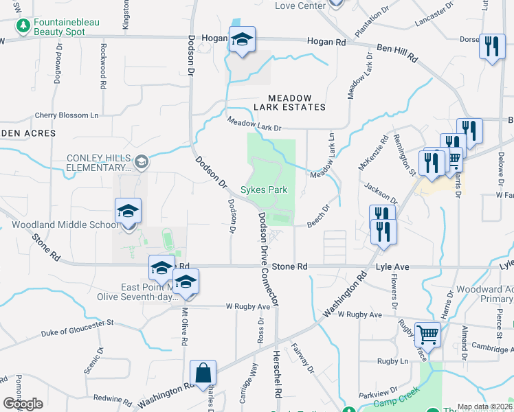 map of restaurants, bars, coffee shops, grocery stores, and more near 3208 Dodson Drive in Atlanta