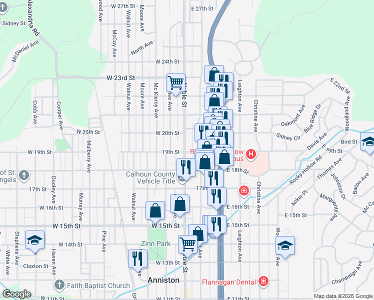 map of restaurants, bars, coffee shops, grocery stores, and more near 1901 Noble Street in Anniston