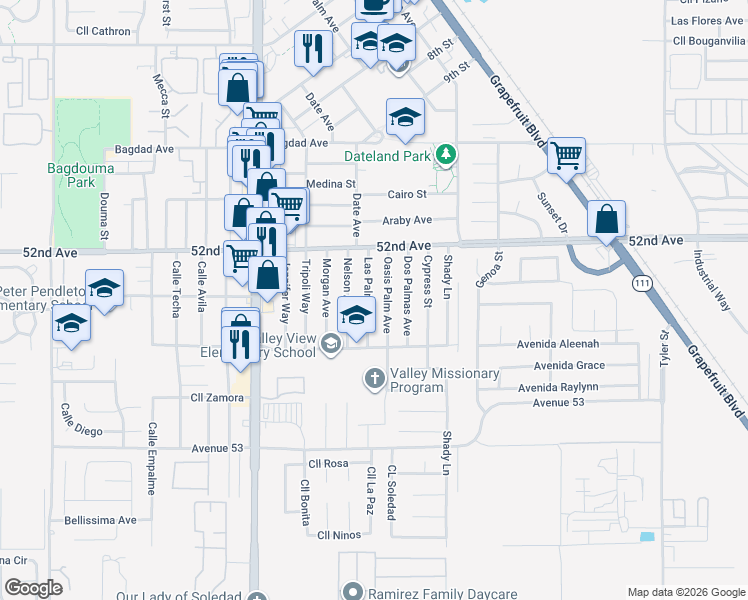 map of restaurants, bars, coffee shops, grocery stores, and more near 52300 Las Palmas Street in Coachella