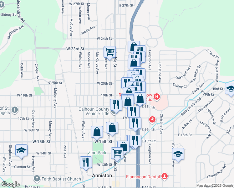 map of restaurants, bars, coffee shops, grocery stores, and more near 1901 Noble Street in Anniston