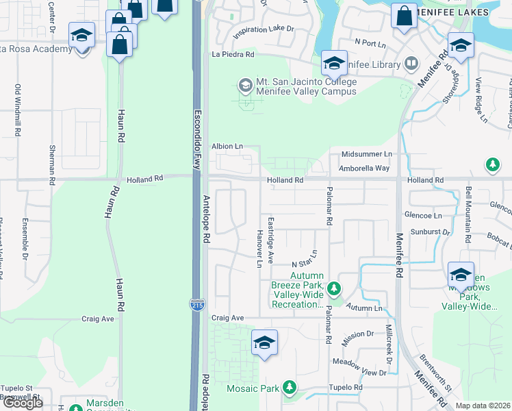 map of restaurants, bars, coffee shops, grocery stores, and more near 31103 Hanover Lane in Menifee