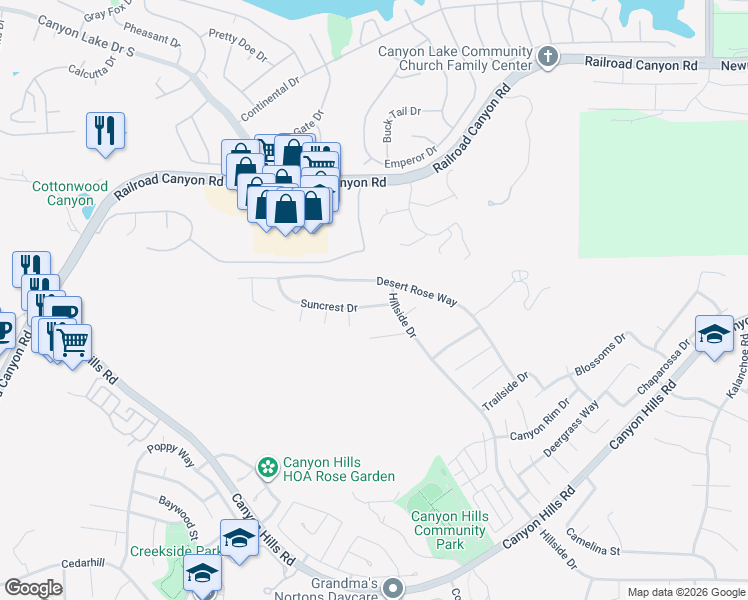 map of restaurants, bars, coffee shops, grocery stores, and more near 35476 Suncrest Drive in Lake Elsinore