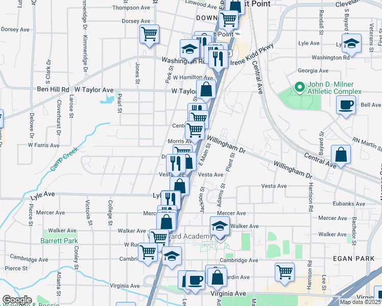 map of restaurants, bars, coffee shops, grocery stores, and more near 3165 Main Street in Atlanta